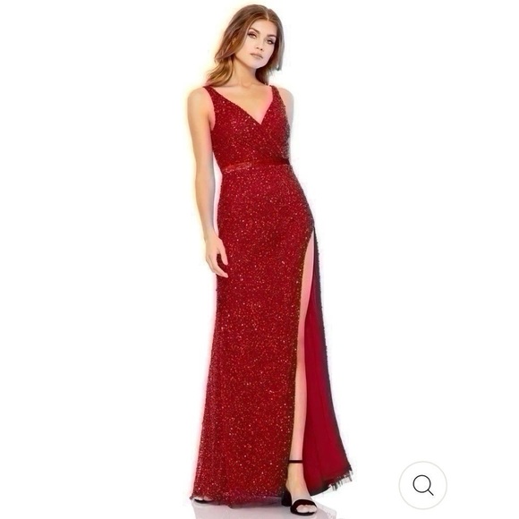 Mac Duggal Sequined Sleeveless Wrap Over Gown Dress Red - Picture 1 of 10